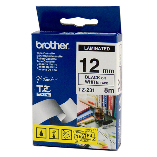LABEL TAPE BROTHER P-TOUCH TZE-231 12MMX8M BLK/WHT LAM(EACH) - LABEL TAPE BROTHER P-TOUCH TZE-231 12MMX8M BLK/WHT LAM
