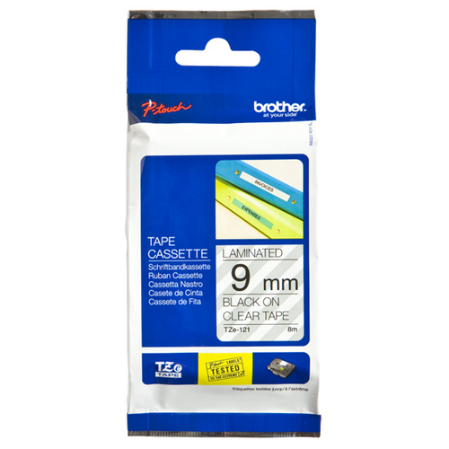 TZe-121 - BROTHER TZE-121 LAMINATED LABELLING TAPE 9MM BLACK ON CLEAR