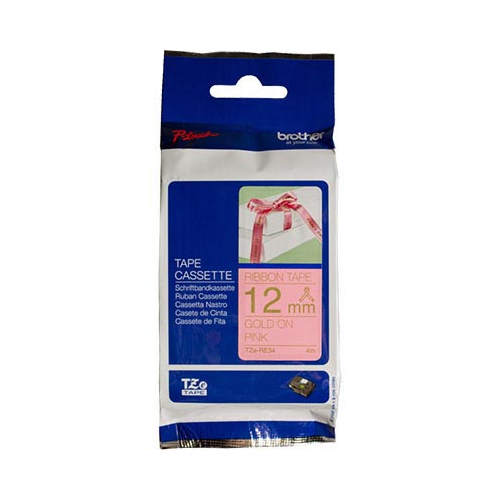 BROTHER TZE-RE34 LAMINATED LABELLING TAPE 12MM GOLD ON PINK - BROTHER TZE-RE34 LAMINATED LABELLING TAPE 12MM GOLD ON PINK