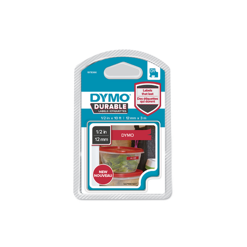 LABEL DYMO 12MMX3M D1 DURABLE WHITE ON RED