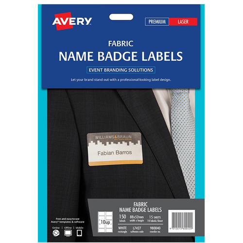 LABEL AVERY EVENTS & BRANDING L7427 FABRIC NAME BADGE 10 UP 88X52MM PK15