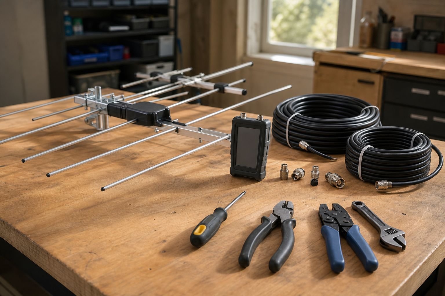 Illustrative workshop bench with a television antenna, signal meter, coaxial cable and hand tools