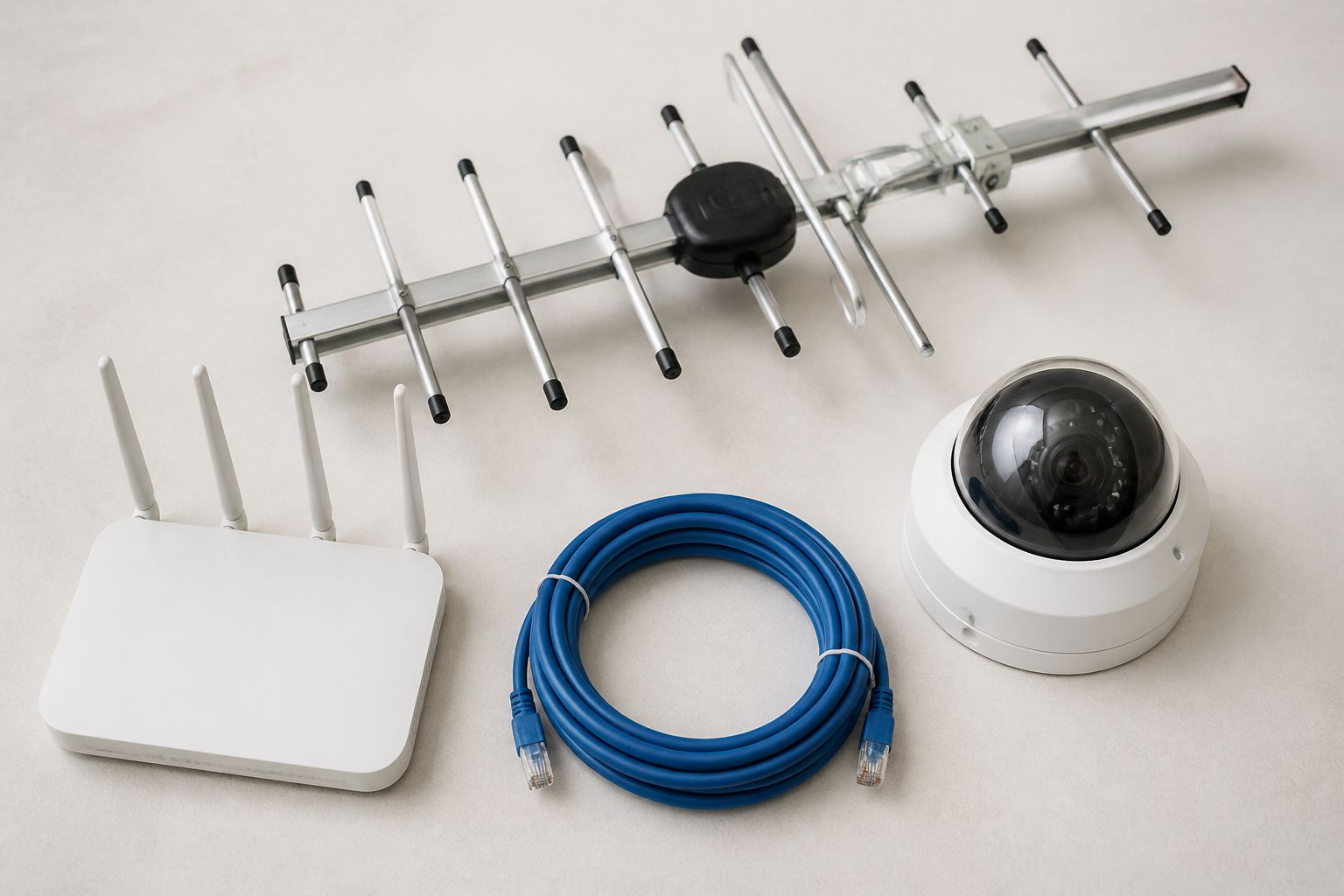 Illustrative still life of antenna, security camera, network cable and wifi router equipment