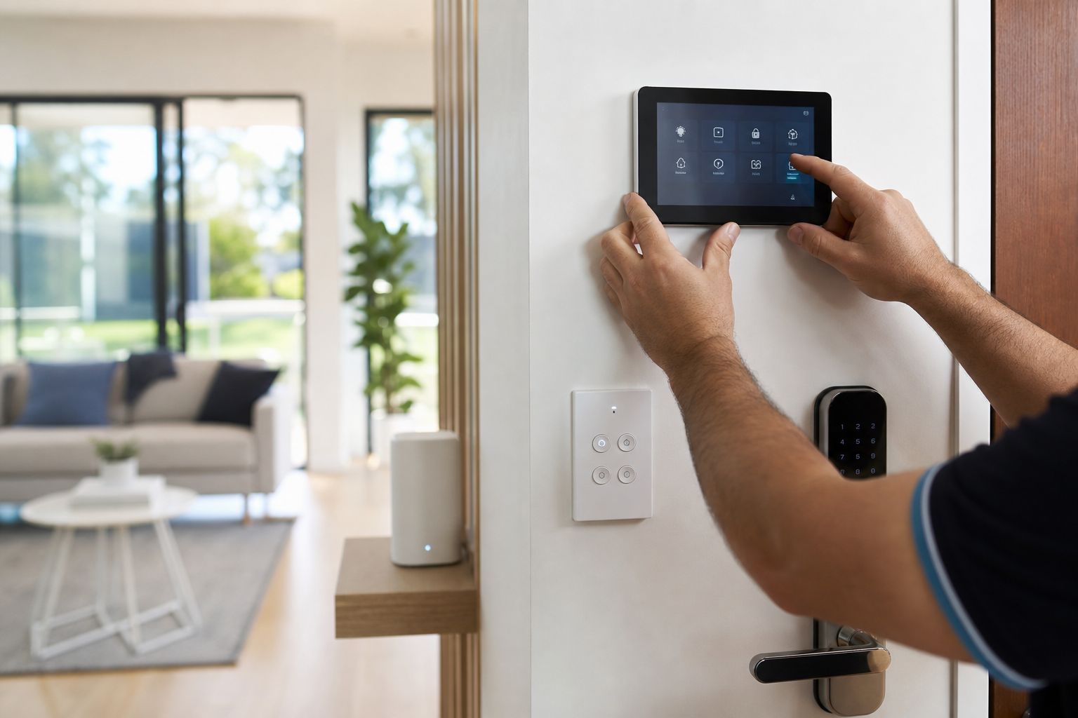 Illustrative technician configuring a smart-home control panel beside connected lighting and door access controls